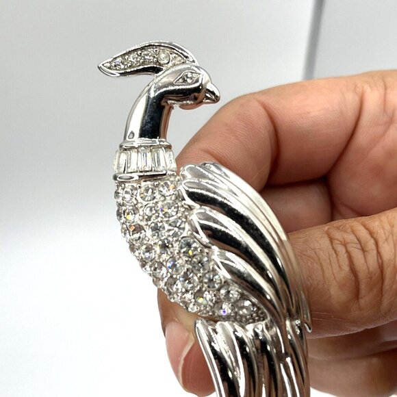Vintage MONET Figural Bird of Paradise Baguette Rhinestone Silver Tone Brooch 4" - Picture 8 of 10